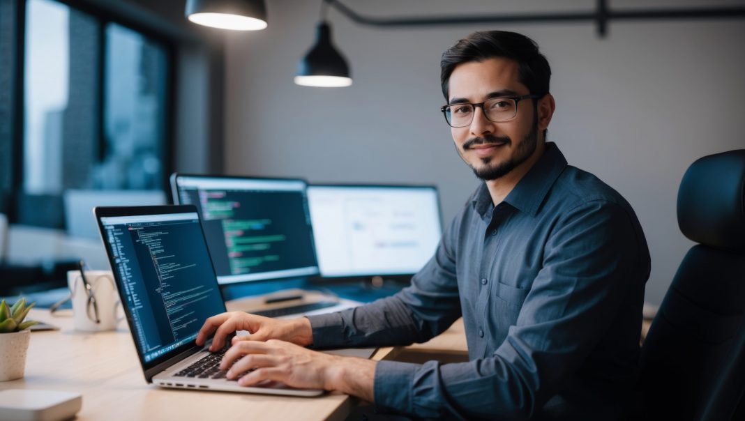 smiling-man-working-laptop-modern-office-setup