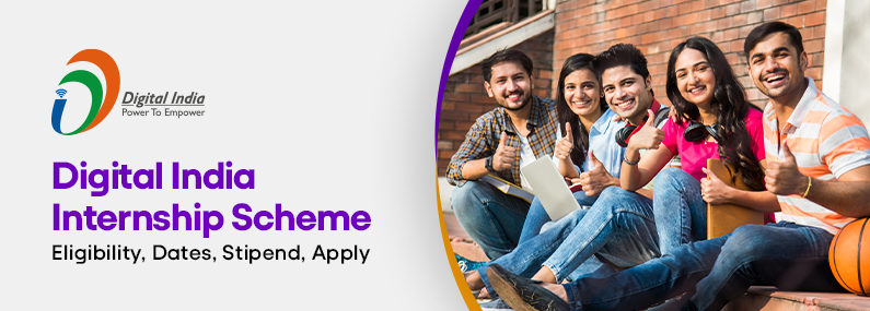 'Digital India Internship Scheme' mentioned over theimage, and college students smiling posing