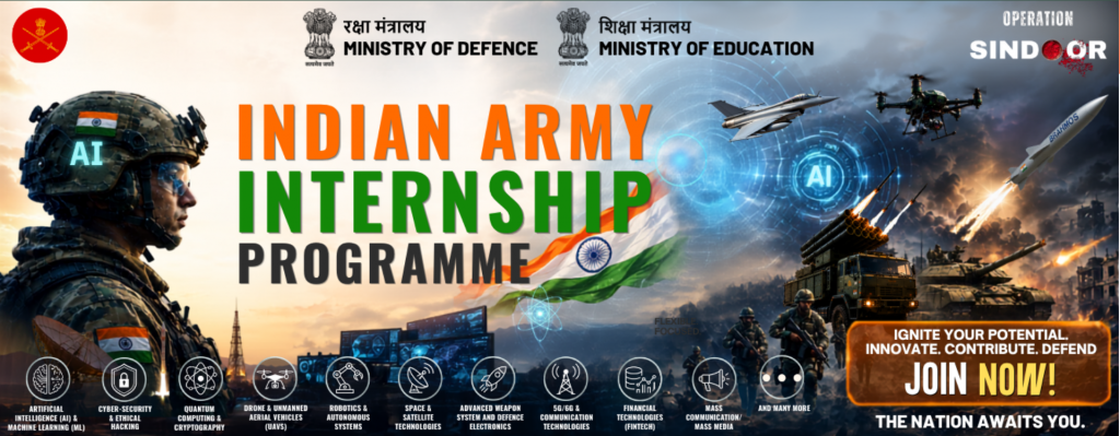 An image depicting a poster with Indian Army solder and defence warplanes with missiles for Indian Army Internship program