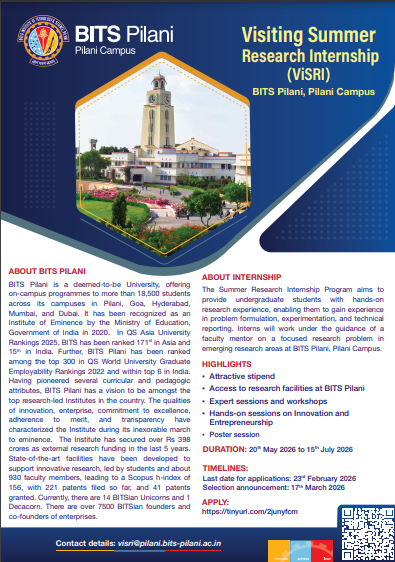 BITS PILANI Summer Internship Announcement Brochure