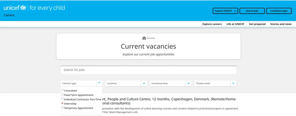 UNICEF Internship Application Page