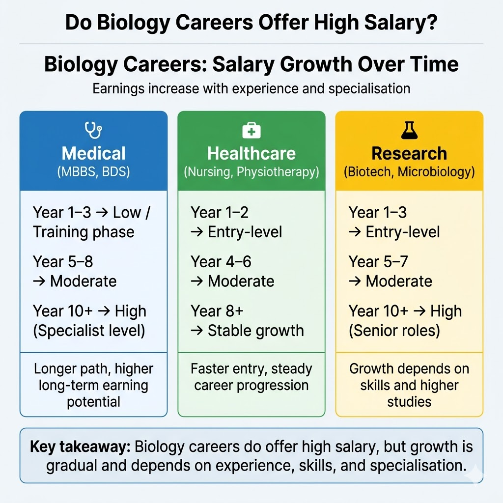 infographic on whether biology careers after 12th offer good salary, three routes are suugested Medical, Healthcare, and Research