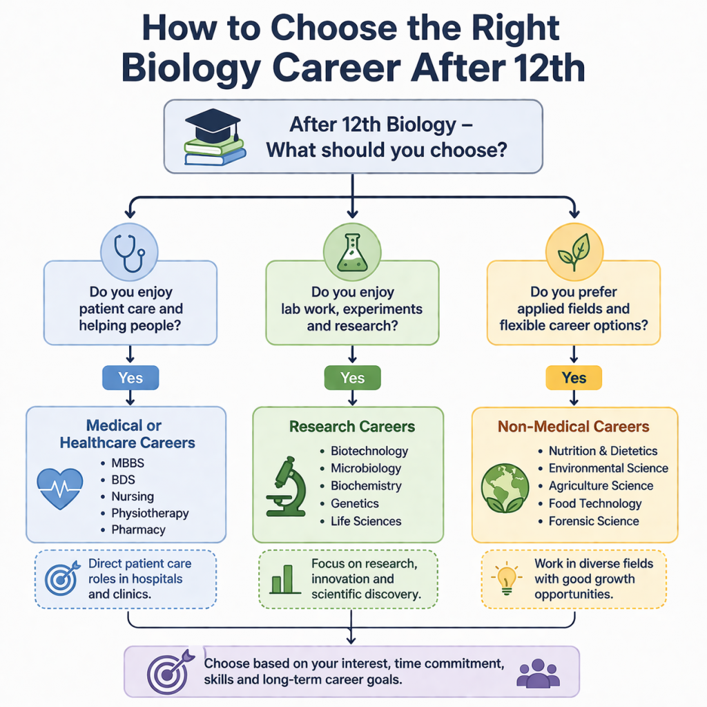Decision flowchart for biology career options after 12th including medical, research, and non-medical paths