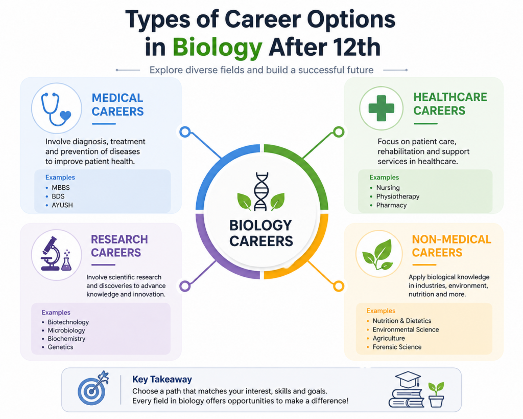 Diagram of biology career categories after 12th with examples like MBBS, nursing, biotechnology, and environmental science
