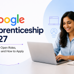 Google Apprenticeship banner highlighting eligibility, open roles, application deadline and how to apply, with a candidate using a laptop
