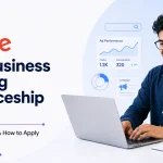 Google Digital Business Marketing Apprenticeship 2027 banner with a candidate working on a laptop, digital advertising and campaign analytics graphics