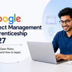 Google project management Apprenticeship banner highlighting eligibility, open roles, application deadline and how to apply, with a candidate using a laptop