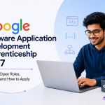 Google Software Application Development Apprenticeship 2027 banner featuring eligibility, application deadline and how to apply, with a software developer working on a laptop