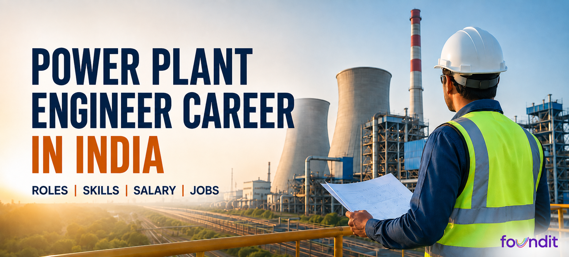 Power Plant Engineer with a industrial plant map in his hand looking towrds the factory
