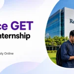 Reliance GET Summer Internship Program banner featuring engineering students, Reliance office visual, eligibility, stipend and apply online details.