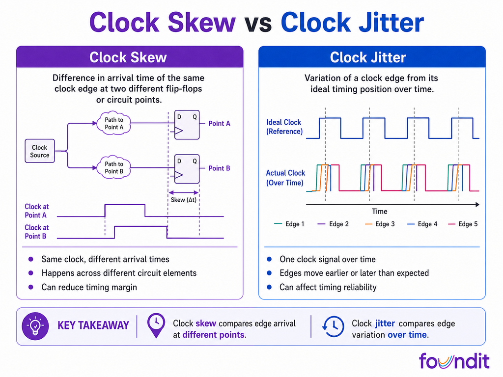 Clock skew vs clock jitter infographic comparing clock edge arrival at different circuit points and clock edge variation over time