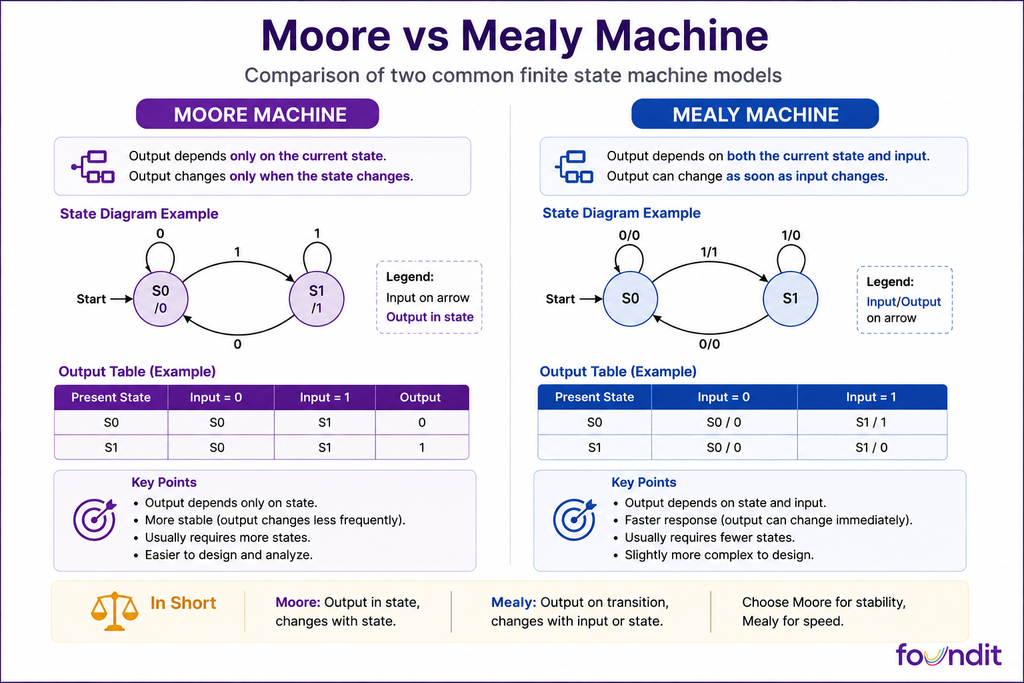 Moore vs Mealy machine infographic comparing output behaviour, state diagrams and key differences in finite state machines