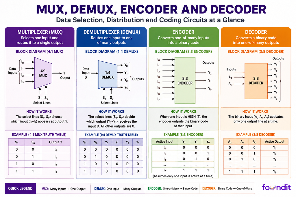 MUX, DEMUX, encoder and decoder infographic comparing data flow, block diagrams and example input-output behaviour