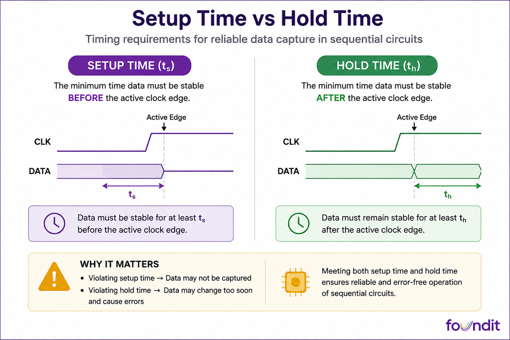 Setup time vs hold time infographic showing when data must remain stable before and after the active clock edge