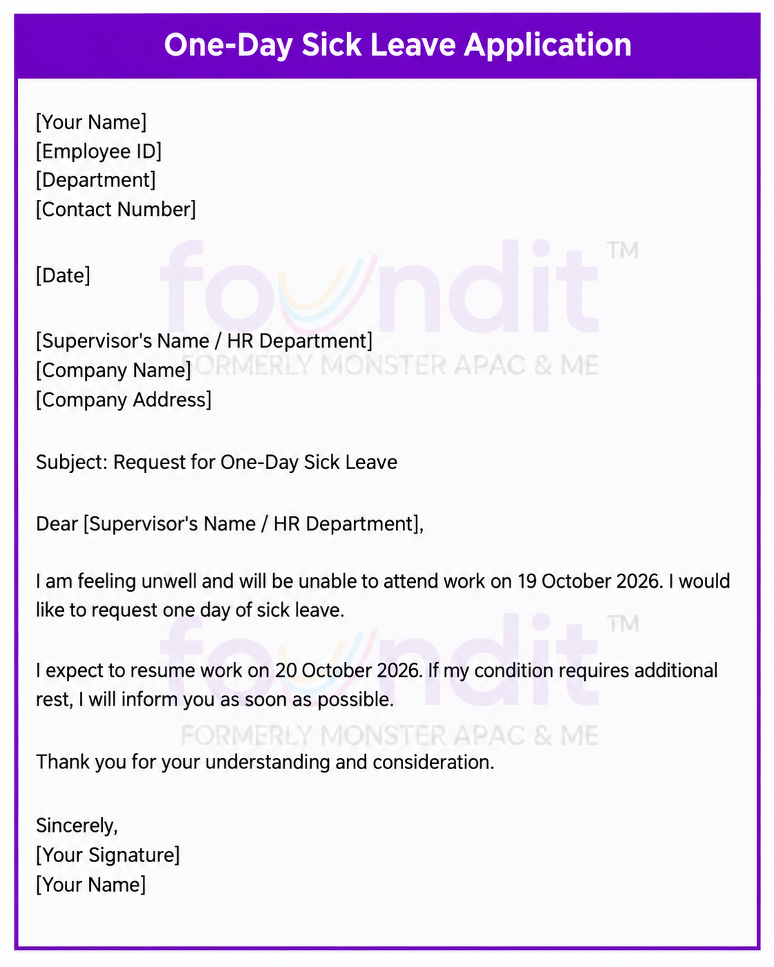One Day Sick Leave Application Sample
